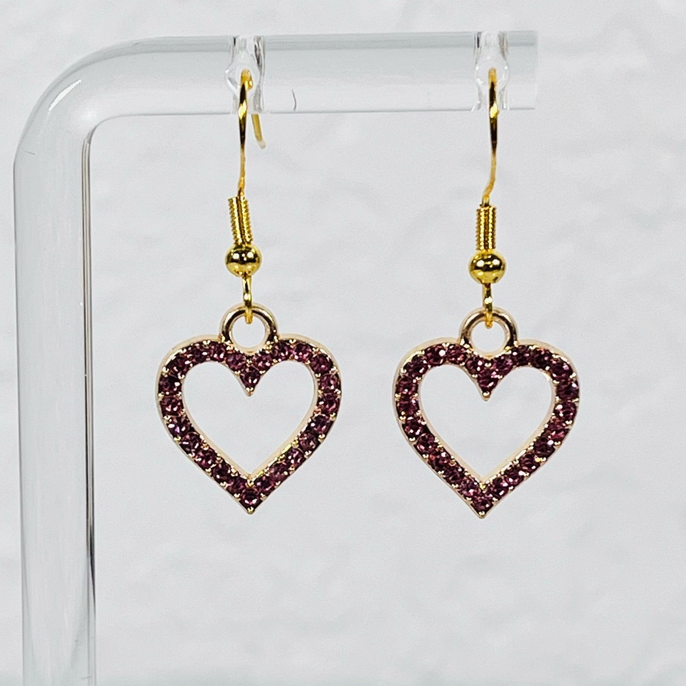 Pink Rhinestone Heart Earrings In Gold Tone